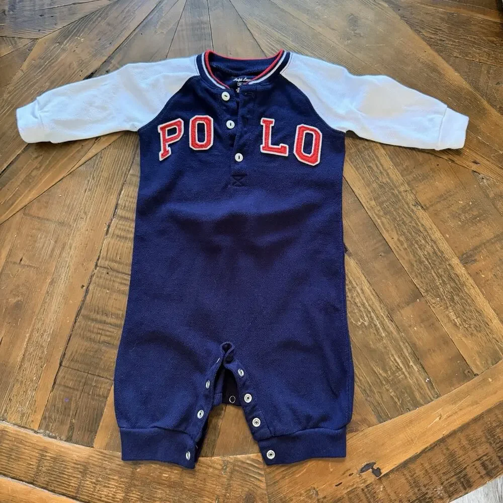 Ralph Lauren Baby Boys Polo Bear 67 Baseball Romper 3M Navy White Long Sleeve